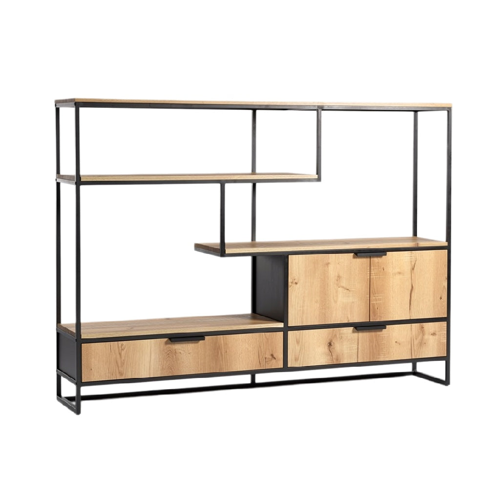 Modern Wooden and Metal Shelving Unit with Storage Drawers