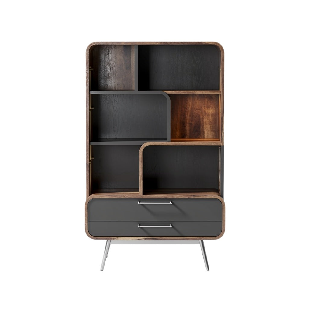 Modern Wooden Bookshelf with Open Shelves and Drawers